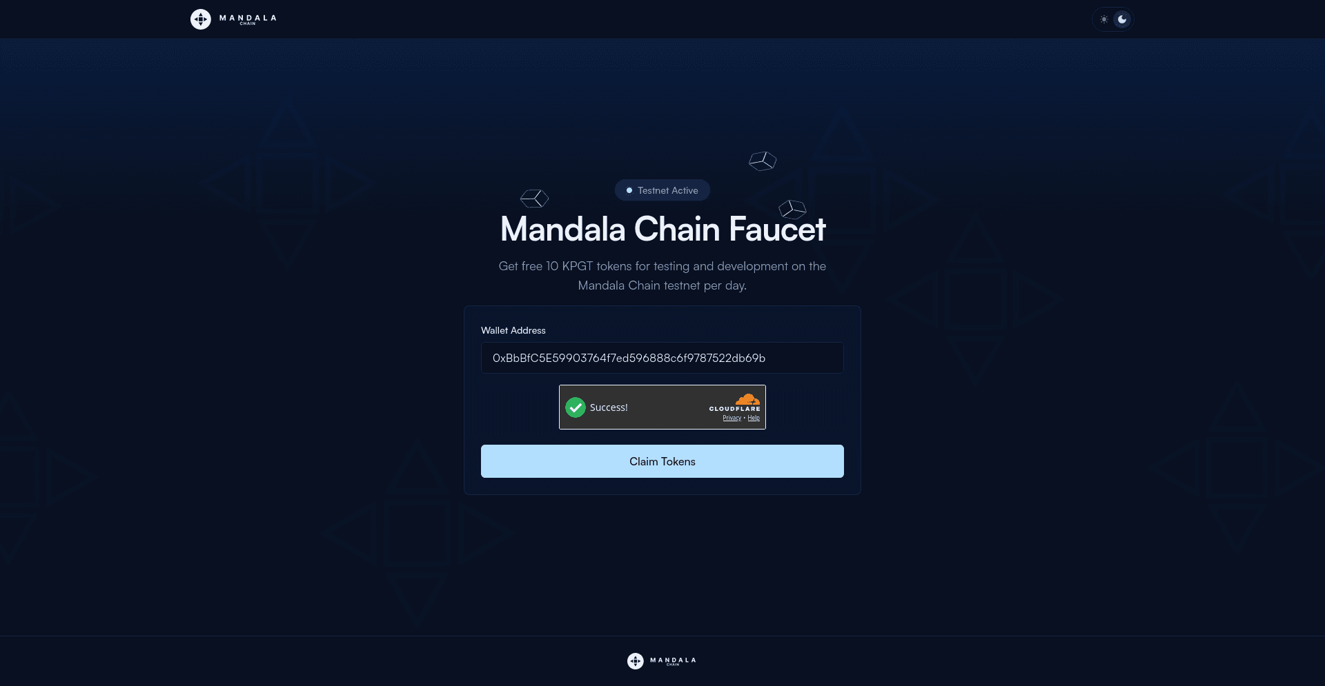 Wallet address pasted into the faucet