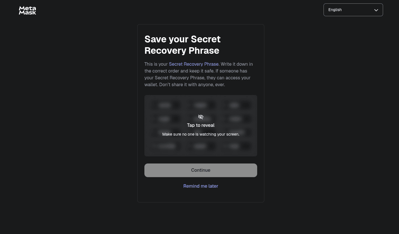 MetaMask Secret Recovery Phrase reveal