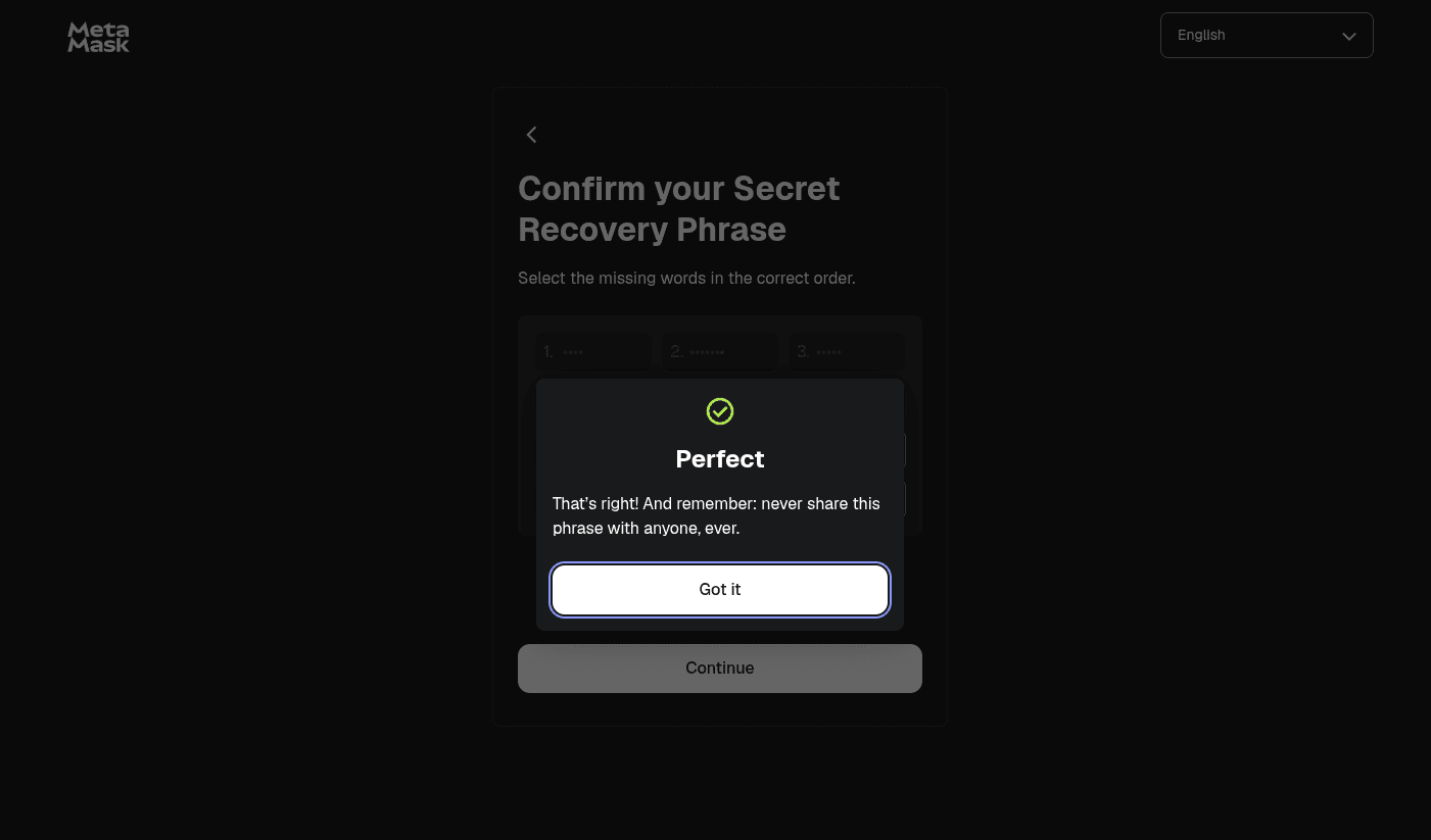 MetaMask seed phrase confirmation