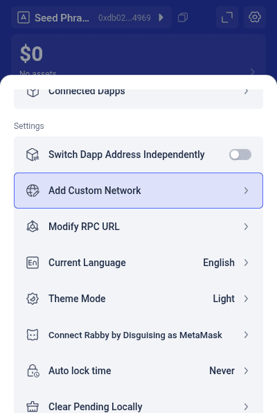 Rabby settings menu