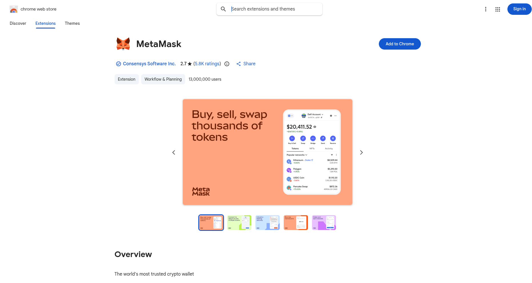 MetaMask in the Chrome Web Store