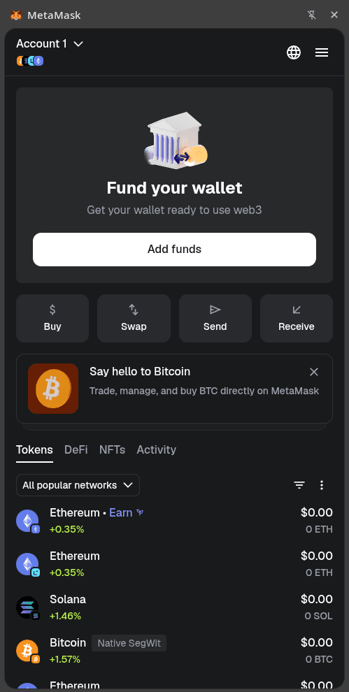 MetaMask main wallet view
